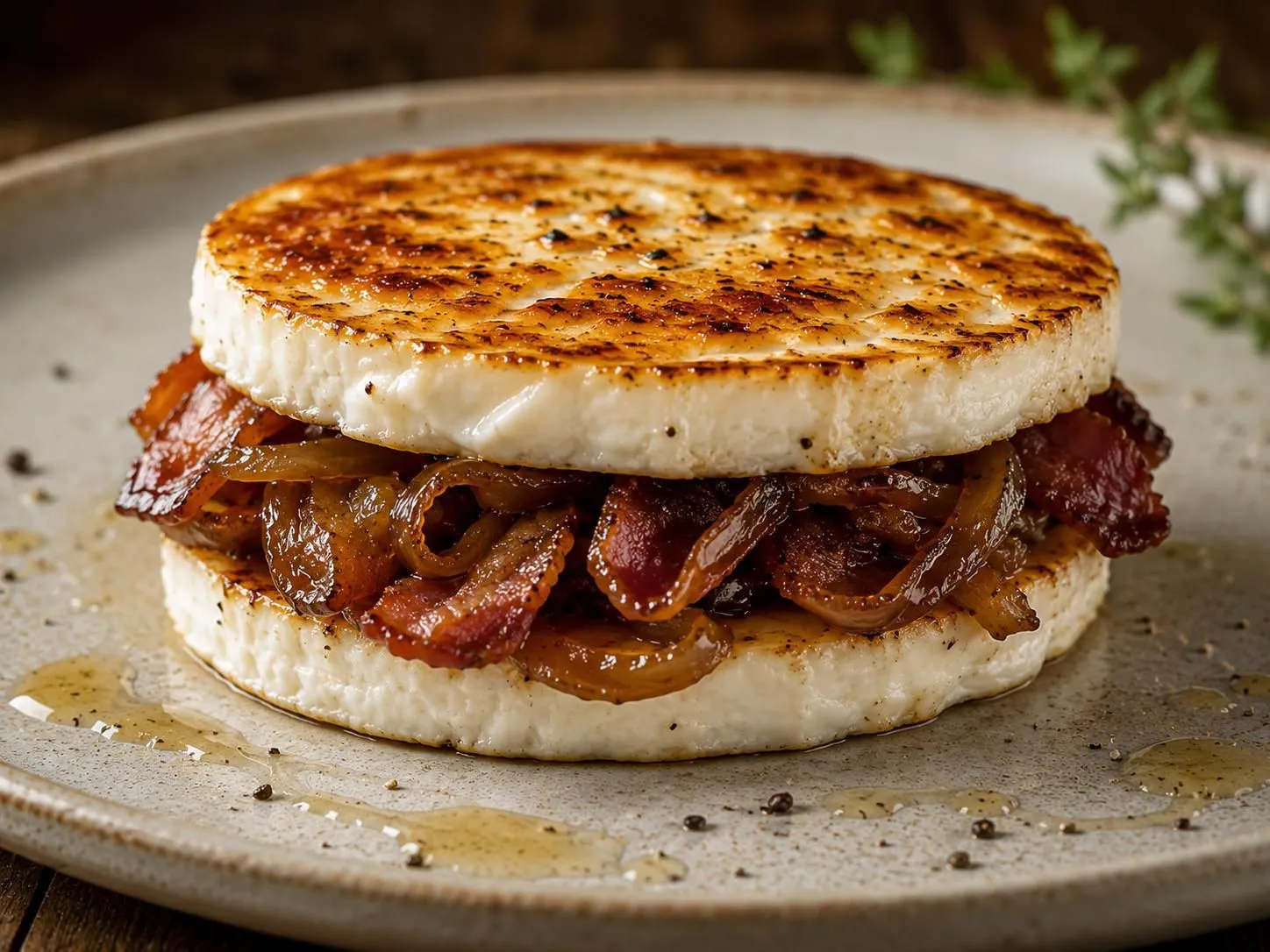 Queso de cabra con cebolla caramelizada y bacon
