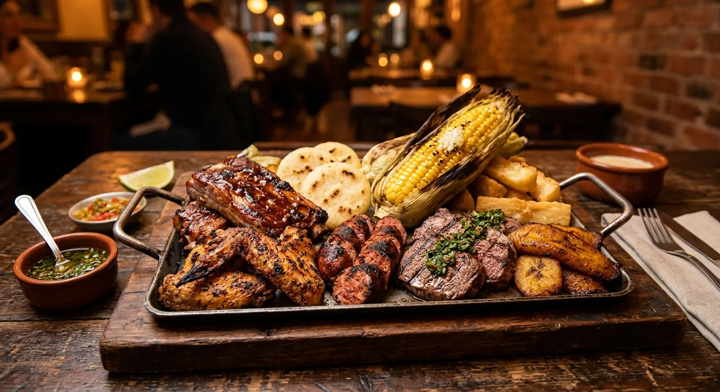 Carne y maíz a la brasa en parrilla con fuego